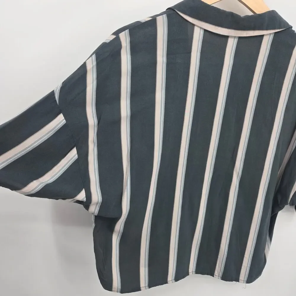 Small Button Shirt Top Gray White Beige Vertical Stripes Loose Boxy Casual - Picture 4 of 4